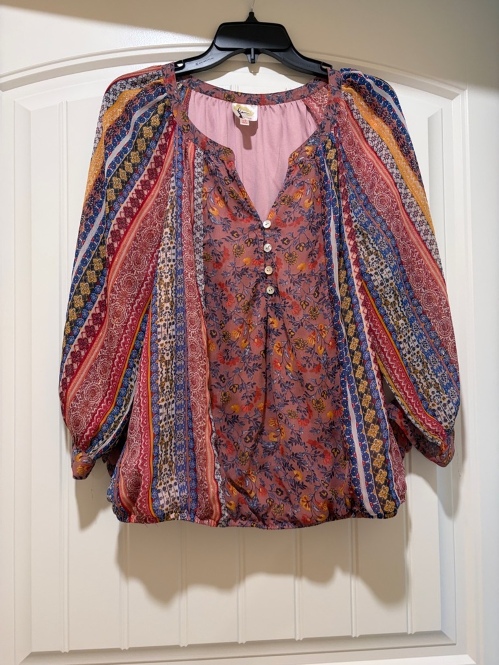 Boho Floral Button-Front Peasant Blouse in Dusty Rose